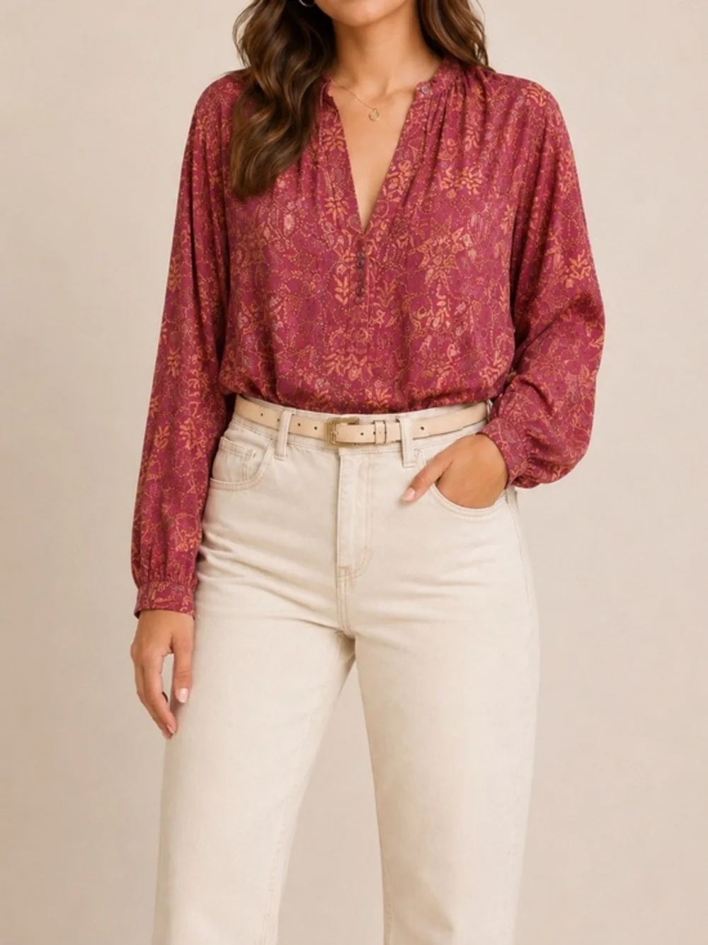 Free People Mia Long Sleeve Tunic Blouse in Rouge Combo